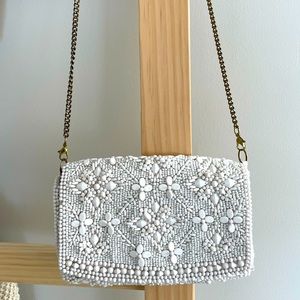 Anthropologie White Beaded Cross Body Purse/Clutch